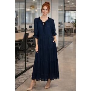 Jade Melody Tam Navy Peasant Maxi Dress Cinch Waist Swiss Dot Size XL NWT Boho